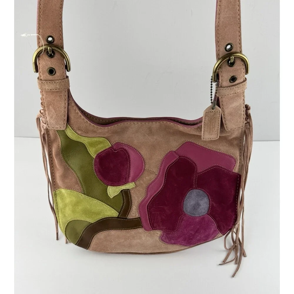 2004 COACH POPPIES SUEDE LEATHER HIPPIE BAG PINK SHOULDER CROSS BODY HOBO